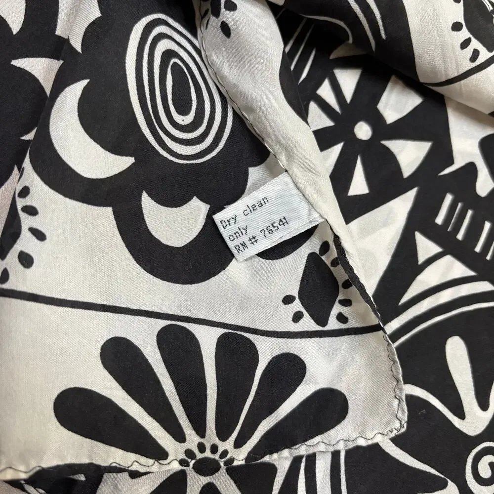 Vintage Korea Silk Scarf Art to Wear Black & white mod 60s 70s floral print
